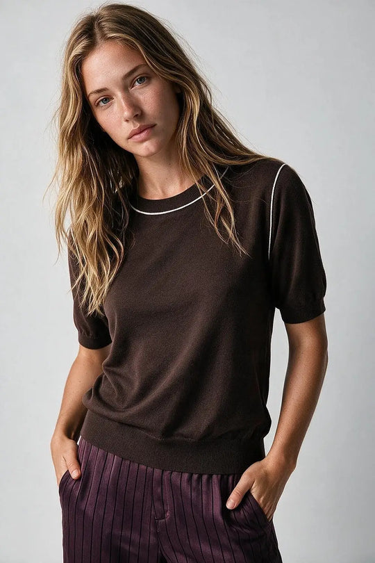 Brown Fine Knit Contrast Stitch Short Sleeve Crew Neck sweater - BROWN / ONE - Sweaters