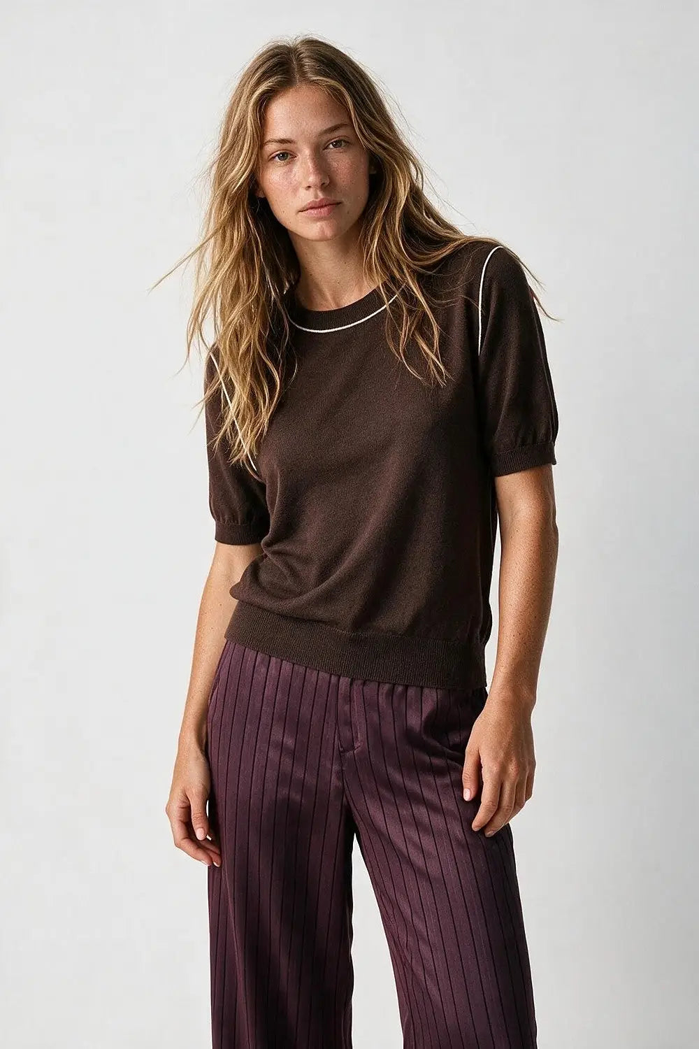 Brown Fine Knit Contrast Stitch Short Sleeve Crew Neck sweater - BROWN / ONE - Sweaters