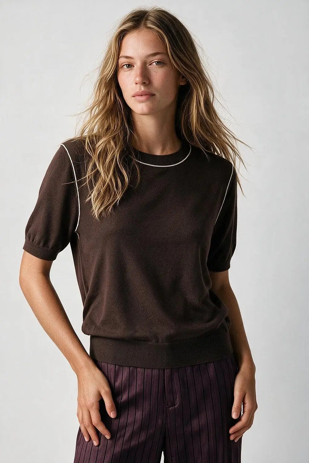 Brown Fine Knit Contrast Stitch Short Sleeve Crew Neck sweater - BROWN / ONE - Sweaters