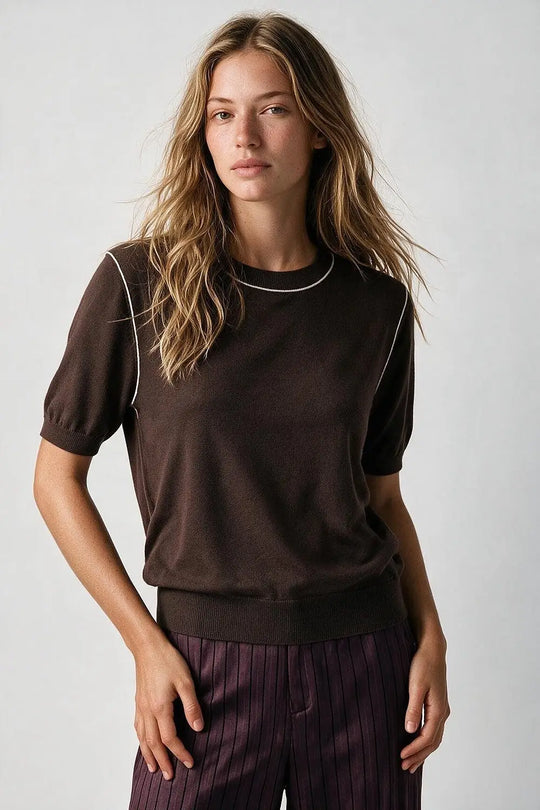 Brown Fine Knit Contrast Stitch Short Sleeve Crew Neck sweater - BROWN / ONE - Sweaters