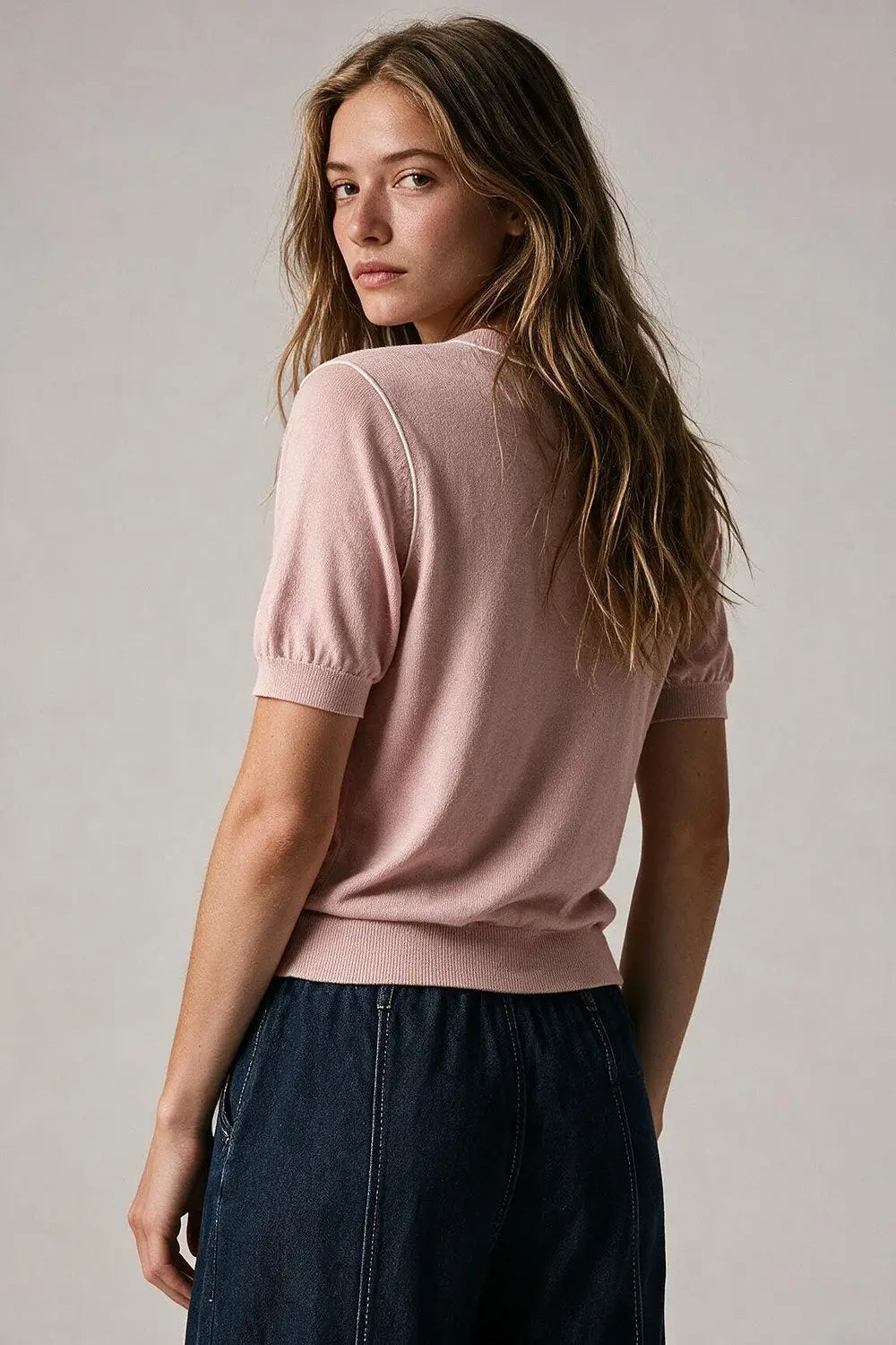 Pink Fine Knit Contrast Seam Short Sleeve Sweater - PINK / ONE - Sweaters