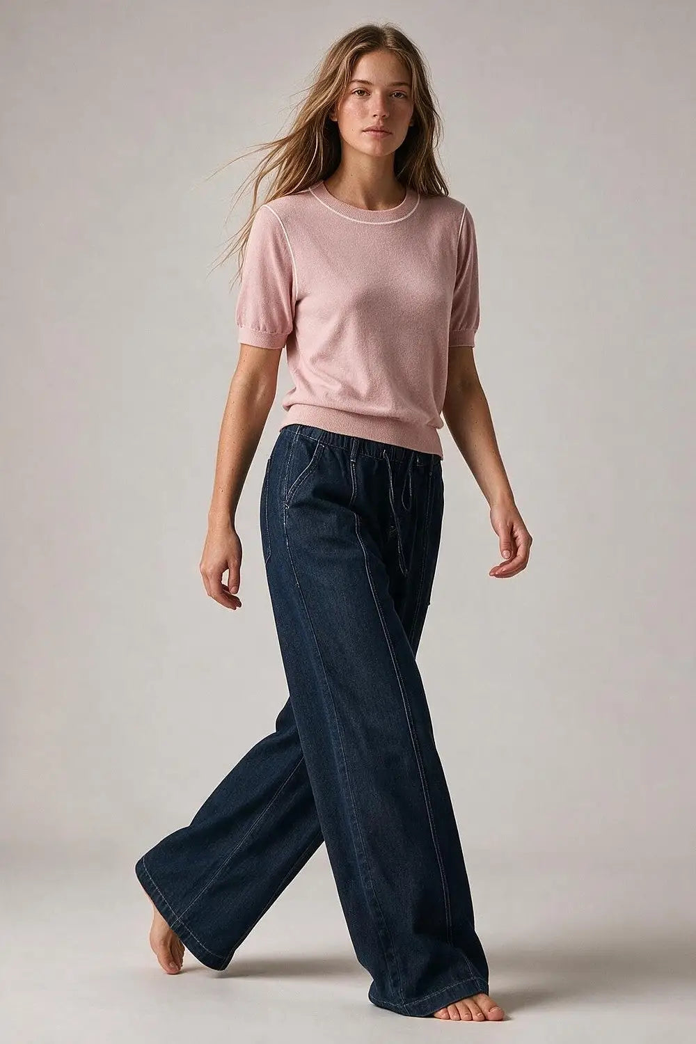 Pink Fine Knit Contrast Seam Short Sleeve Sweater - PINK / ONE - Sweaters