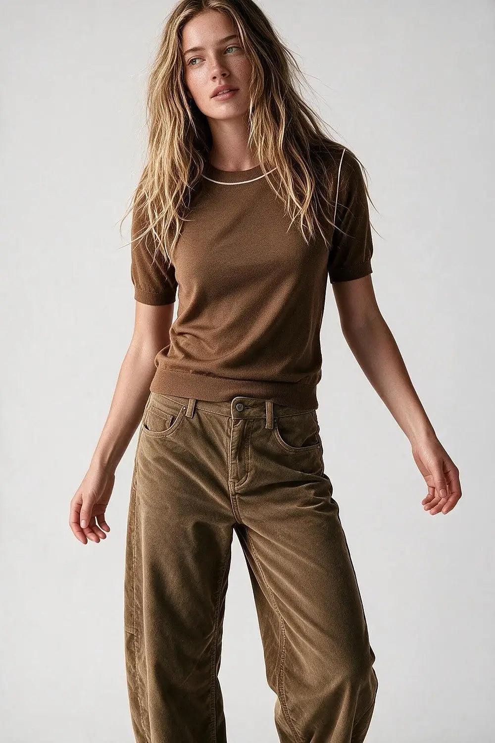 Camel Fine Knit Contrast Stitch Crew Neck Short Sleeve sweater - CAMEL / ONE - Sweaters