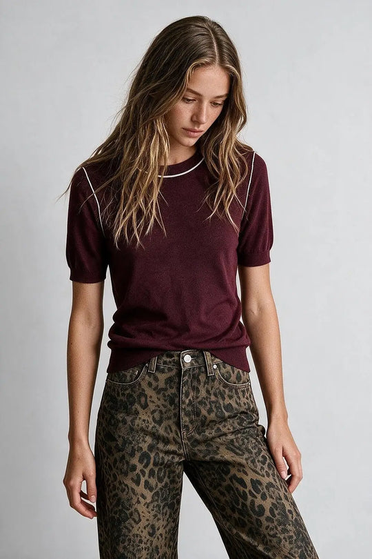 Burgundy Fine Knit Contrast Stitch Short Sleeve Crew Neck sweater - PURPLE / ONE - Sweaters