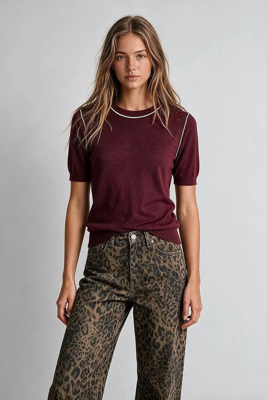 Burgundy Fine Knit Contrast Stitch Short Sleeve Crew Neck sweater - PURPLE / ONE - Sweaters