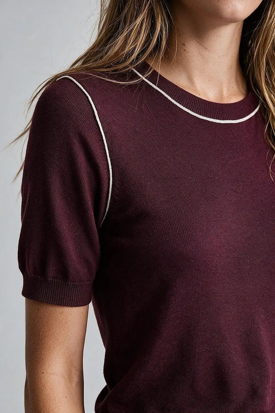 Burgundy Fine Knit Contrast Stitch Short Sleeve Crew Neck sweater - PURPLE / ONE - Sweaters