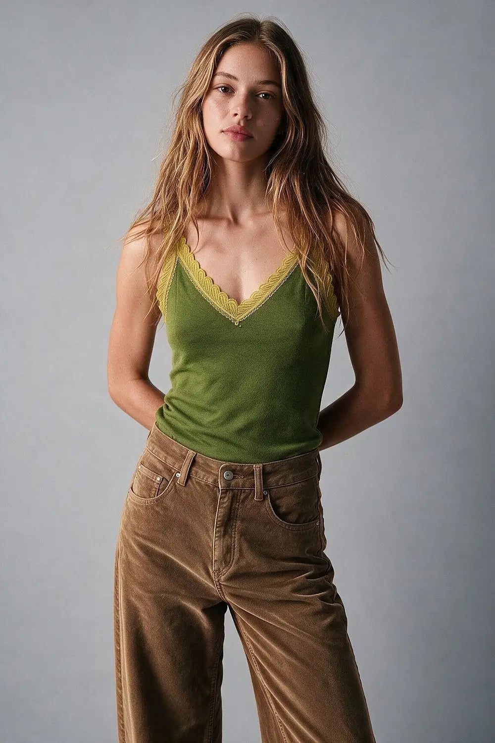 Fine-Knit Camisole with Contrast Lace Trim in Olive - GREEN / ONE - Tops