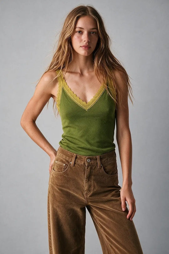 Fine-Knit Camisole with Contrast Lace Trim in Olive - GREEN / ONE - Tops