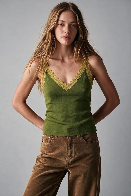 Fine-Knit Camisole with Contrast Lace Trim in Olive - GREEN / ONE - Tops
