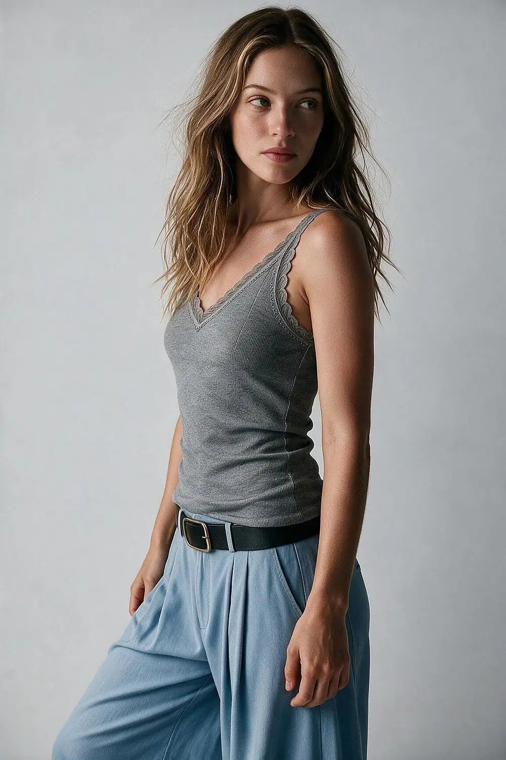 Fine-Knit Camisole with Contrast Lace Trim in grey - GRAY / ONE - Tops