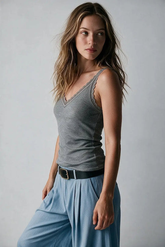 Fine-Knit Camisole with Contrast Lace Trim in grey - GRAY / ONE - Tops