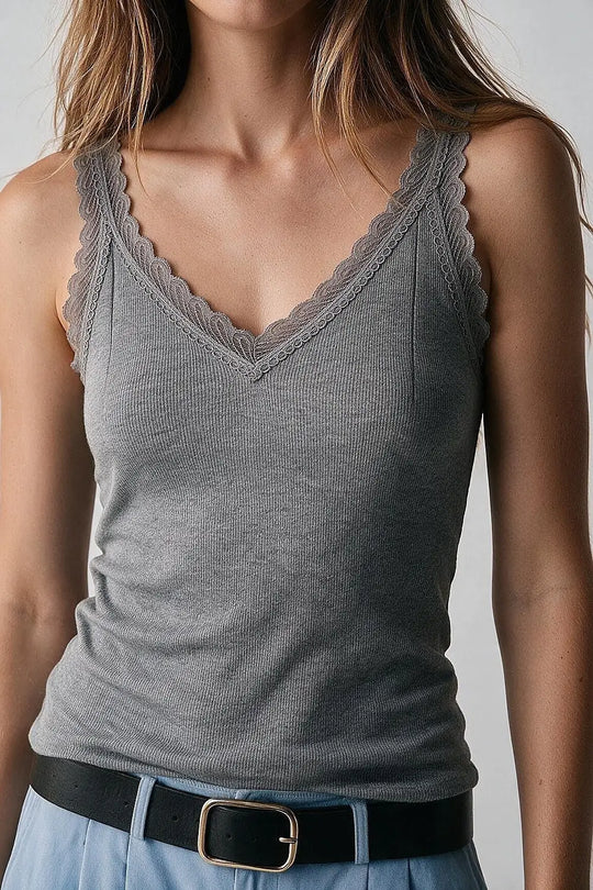 Fine-Knit Camisole with Contrast Lace Trim in grey - GRAY / ONE - Tops