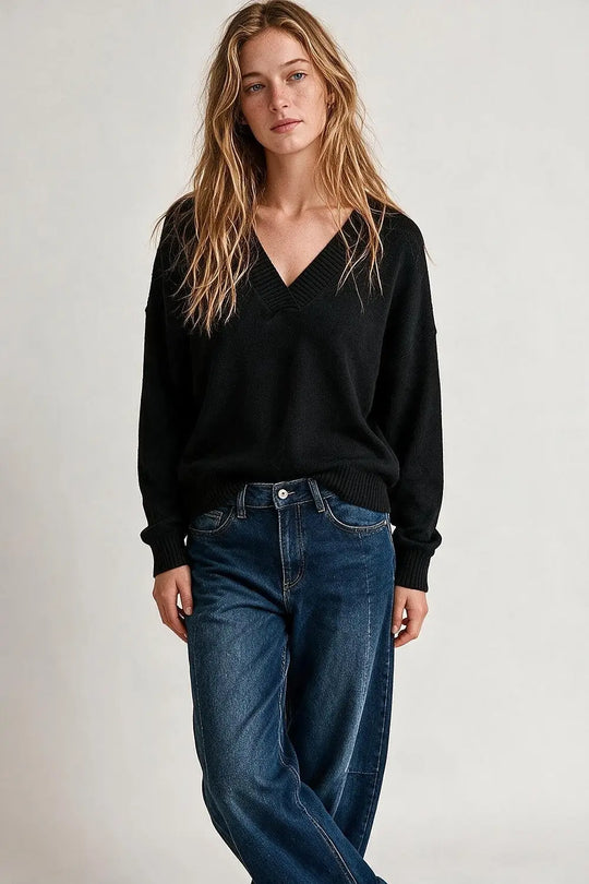 Black warm Knit wide V-Neck jumper - BLACK / ONE - Sweaters