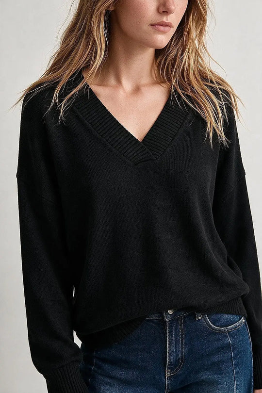 Black warm Knit wide V-Neck jumper - BLACK / ONE - Sweaters