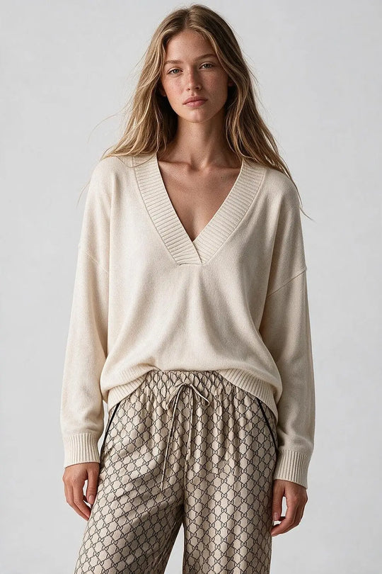White warm Knit wide V-Neck jumper - WHITE / ONE - Sweaters