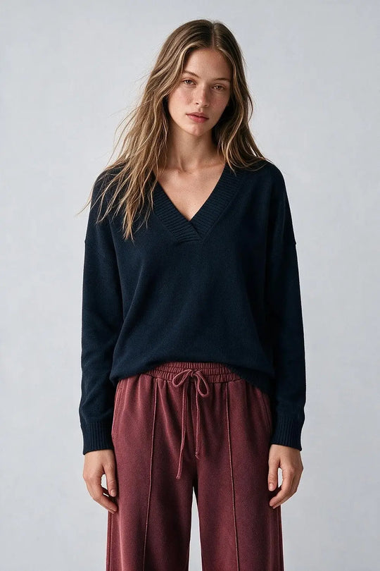 navy warm Knit wide V-Neck sweater - NAVY / ONE - Sweaters