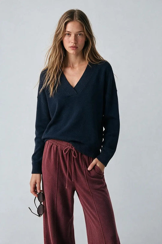 navy warm Knit wide V-Neck sweater - NAVY / ONE - Sweaters