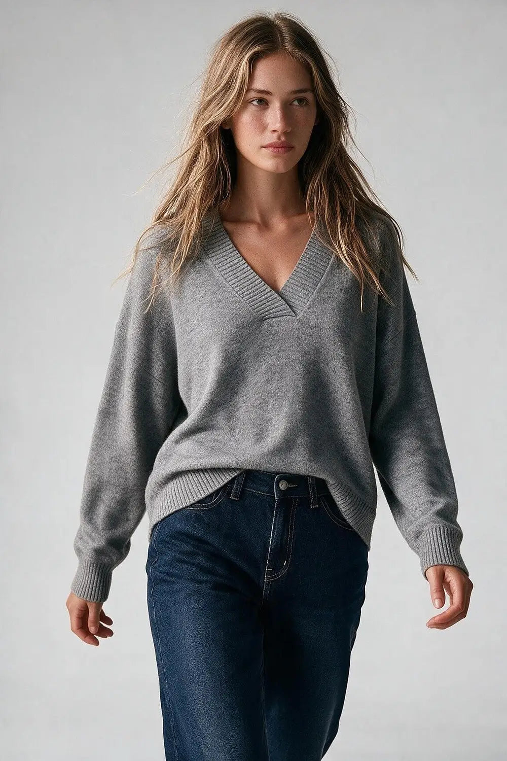 grey warm Knit wide V-Neck jumper - GRAY / ONE - Sweaters