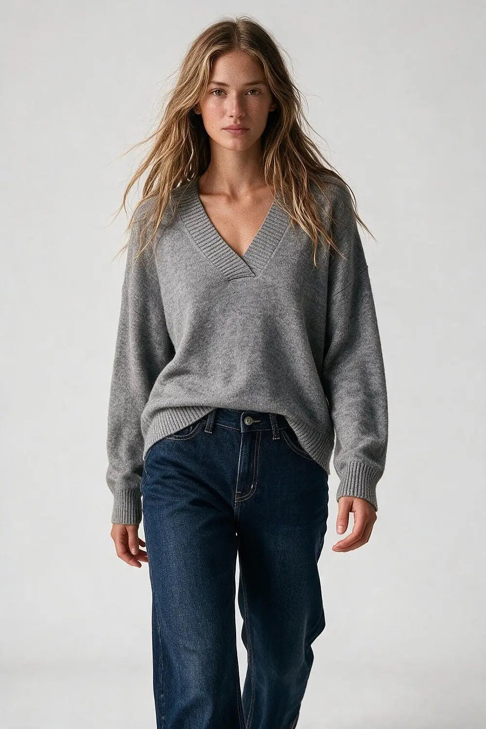 grey warm Knit wide V-Neck jumper - GRAY / ONE - Sweaters