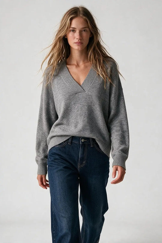 grey warm Knit wide V-Neck jumper - GRAY / ONE - Sweaters