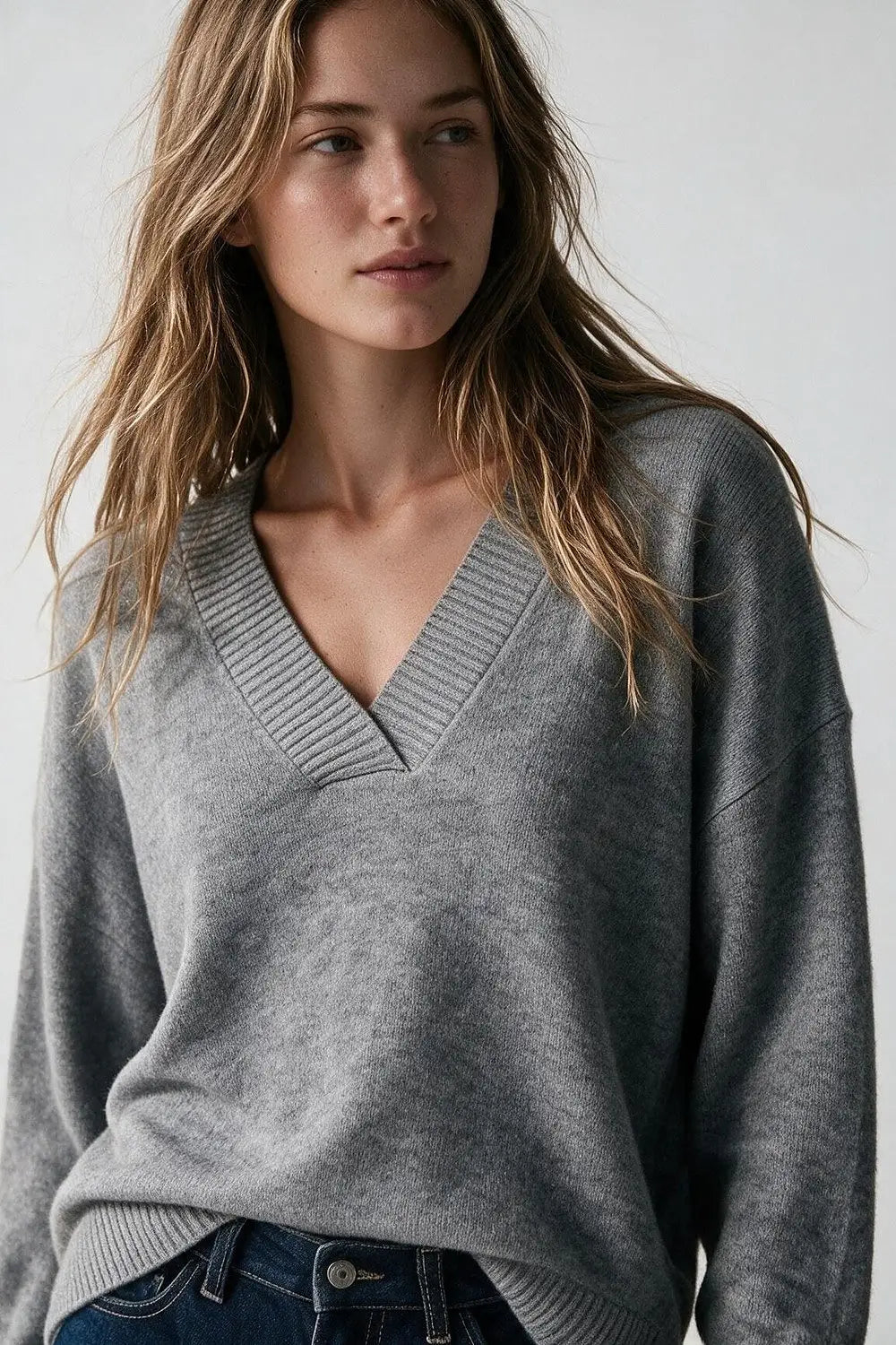 grey warm Knit wide V-Neck jumper - GRAY / ONE - Sweaters