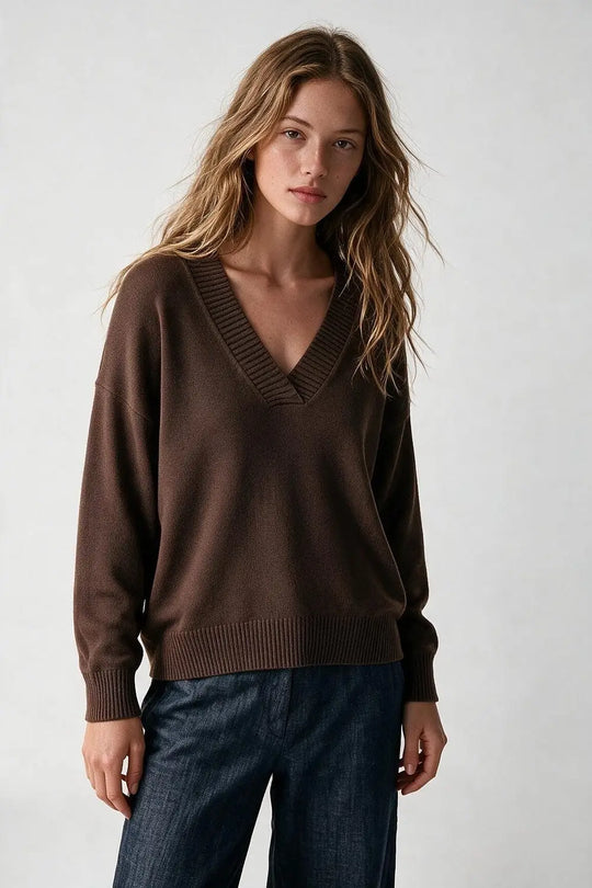 brown warm Knit wide V-Neck jumper - BROWN / ONE - Sweaters