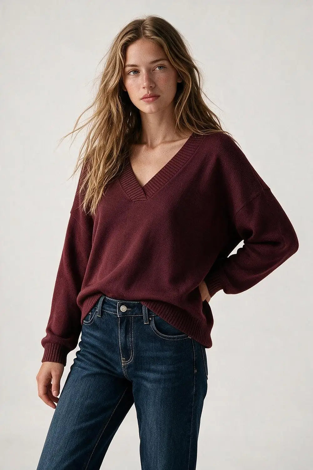 Burgundy warm Knit wide V-Neck jumper - MAROON / ONE - Sweaters