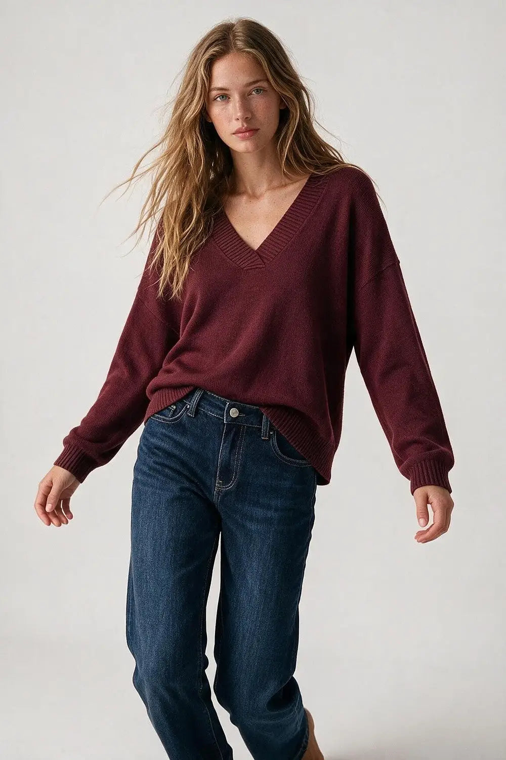 Burgundy warm Knit wide V-Neck jumper - MAROON / ONE - Sweaters