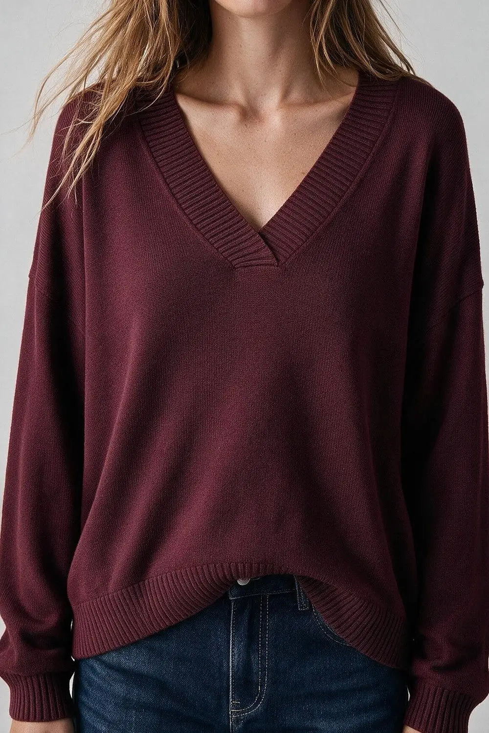 Burgundy warm Knit wide V-Neck jumper - MAROON / ONE - Sweaters
