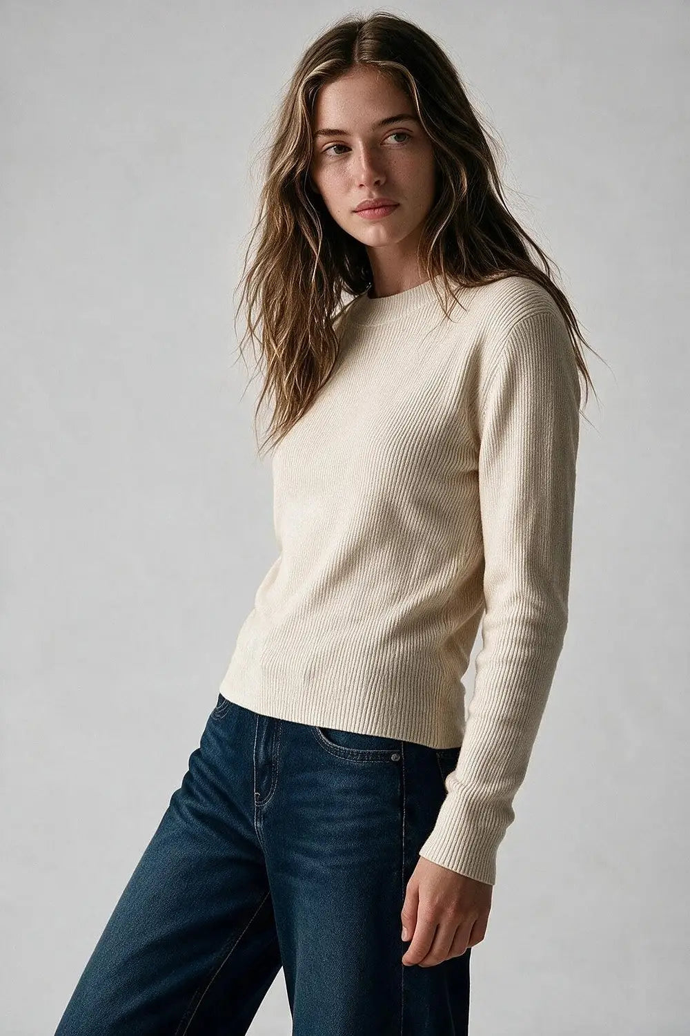 Fine Ribbed Merino Wool Sweater in cream with Mock neck