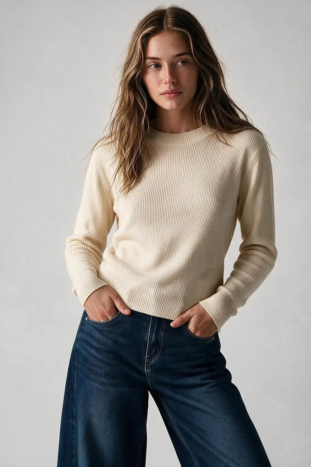Fine Ribbed Merino Wool Sweater in cream with Mock neck