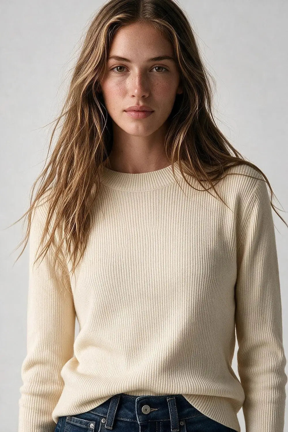 Fine Ribbed Merino Wool Sweater in cream with Mock neck
