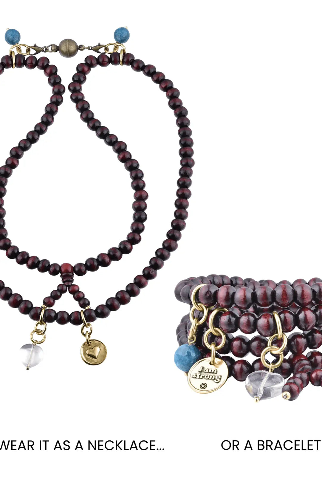 I Am Strong Heart Wood Boho Wrap Bracelet/Necklace