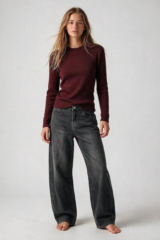 Fine Ribbed Merino Wool Sweater in Burgundy with Mock neck