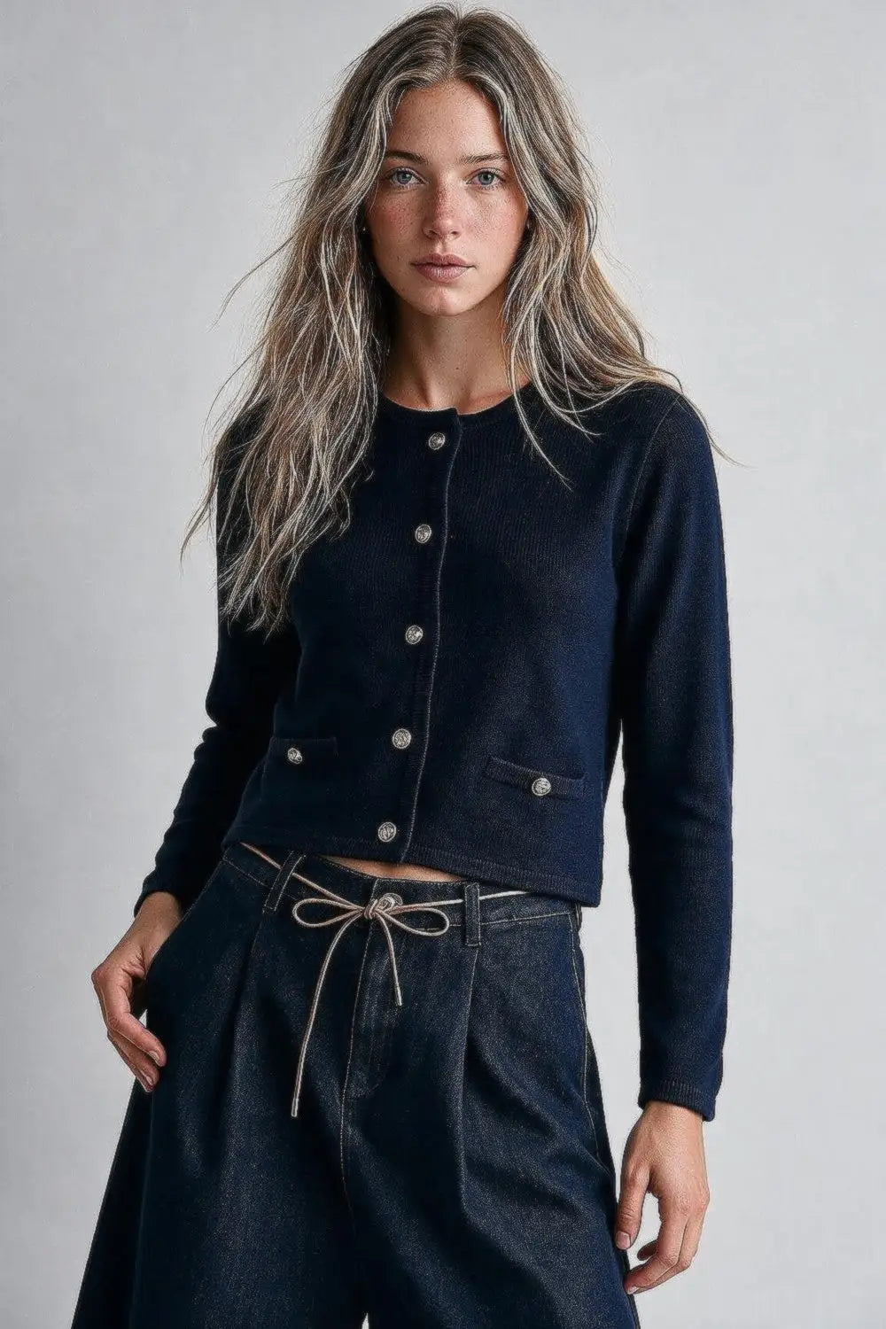 Navy Fine Knit Gold Button Cropped Cardigan Sweater - NAVY / ONE - Cardigans