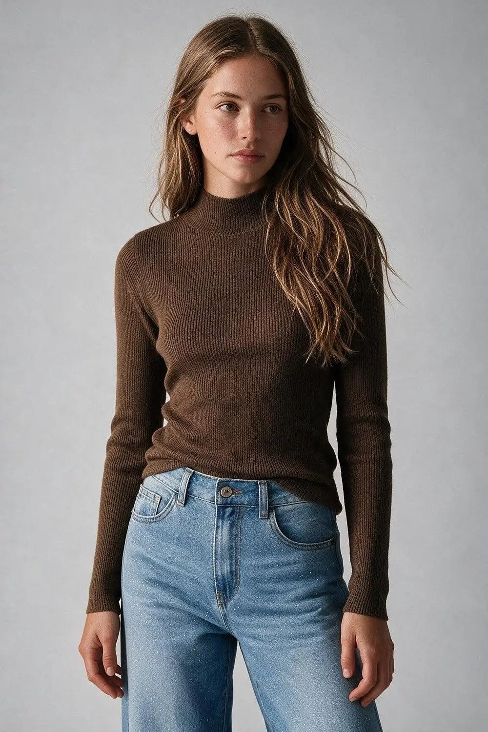 Fine Ribbed Merino Wool Sweater in camel with Mock neck