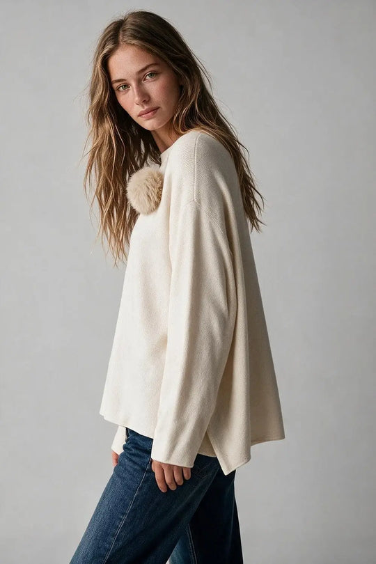 Cream chunky Knit Sweater with Pom-Pom Detail