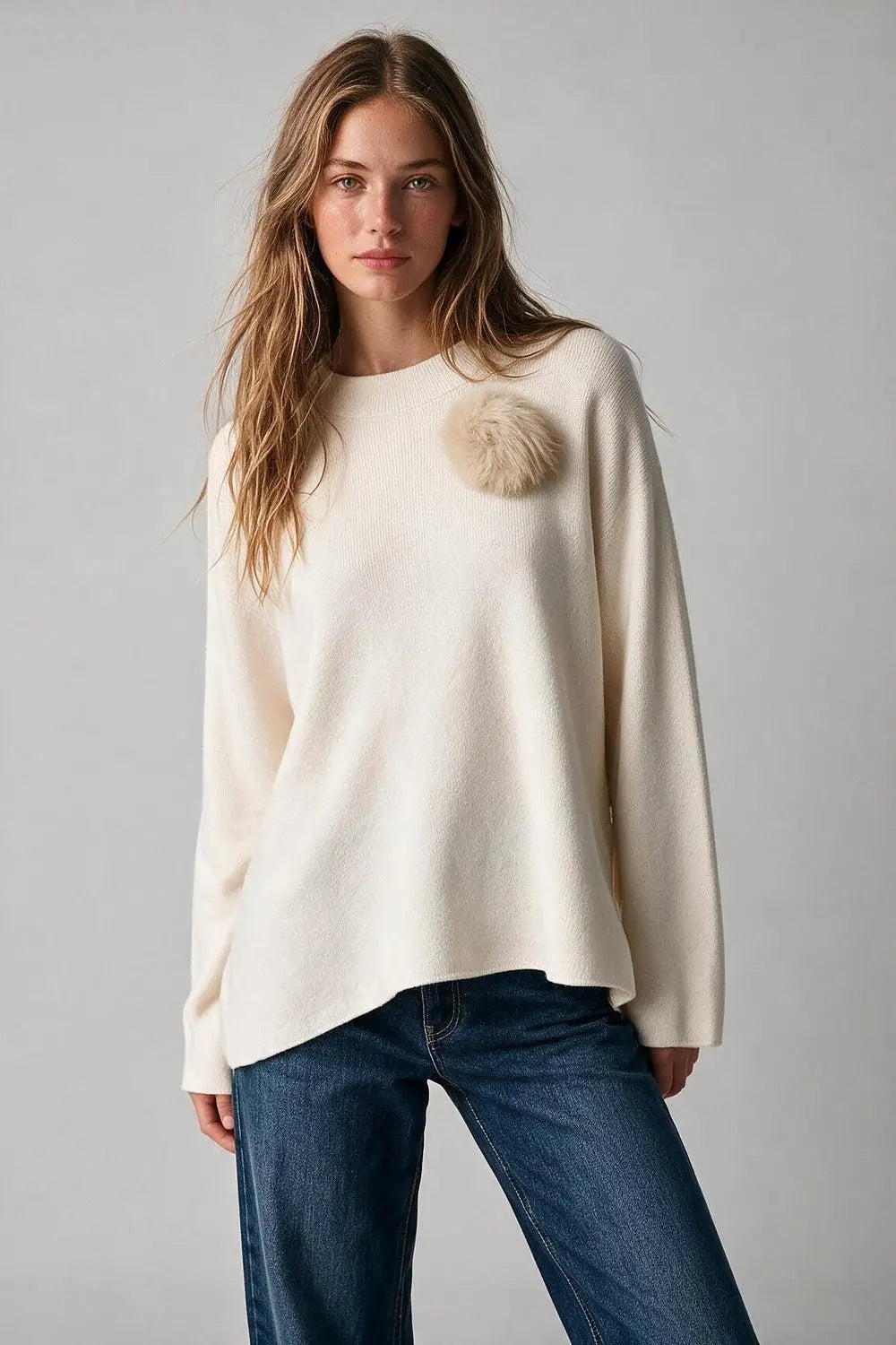 Cream chunky Knit Sweater with Pom-Pom Detail