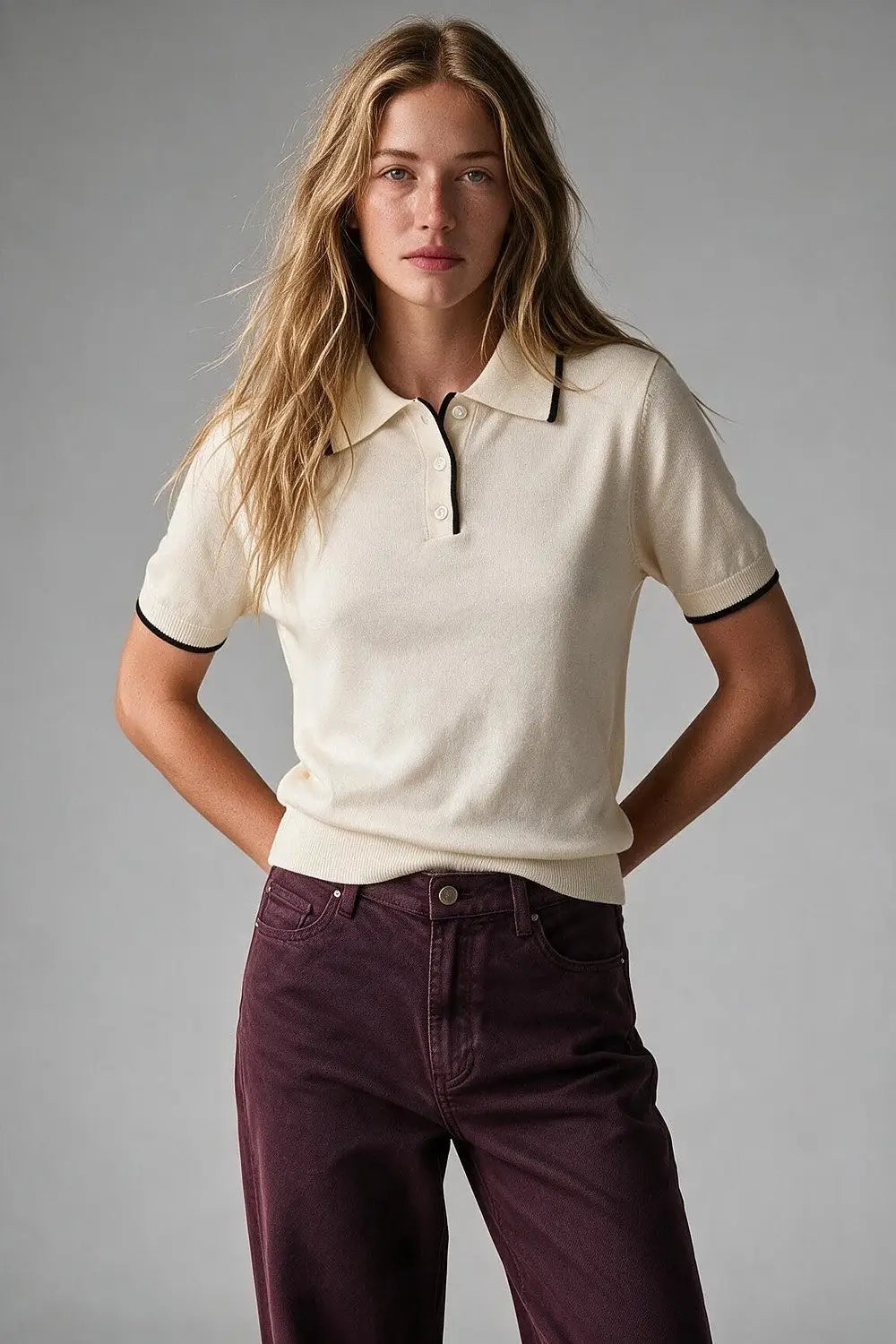 Cream Fine Knit Contrast Trim Button sweater with Polo neckline