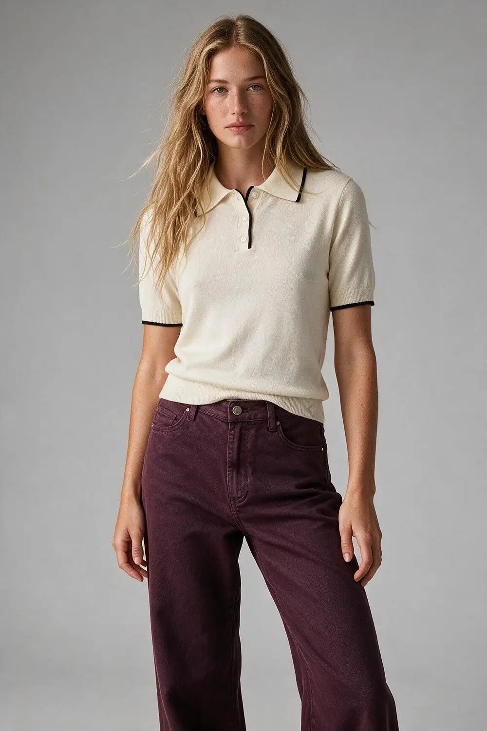 Cream Fine Knit Contrast Trim Button sweater with Polo neckline