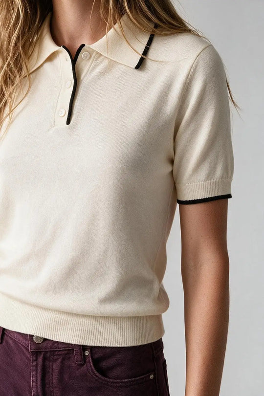 Cream Fine Knit Contrast Trim Button sweater with Polo neckline