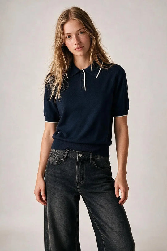 Navy Fine Knit Contrast Collar sweater with Polo neckline with Button