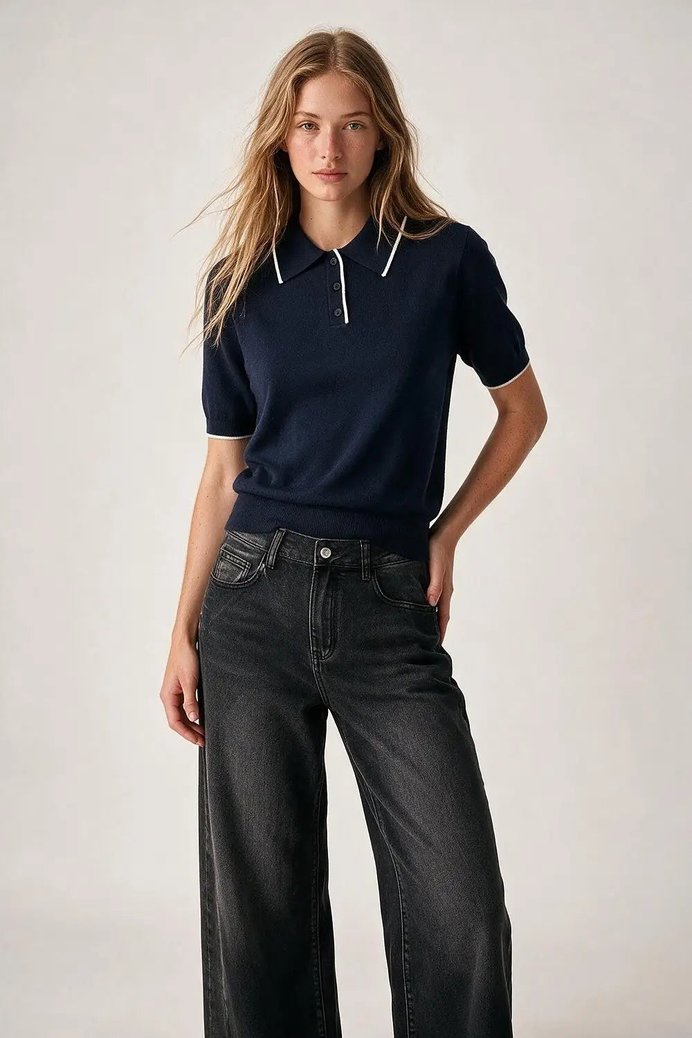 Navy Fine Knit Contrast Collar sweater with Polo neckline with Button
