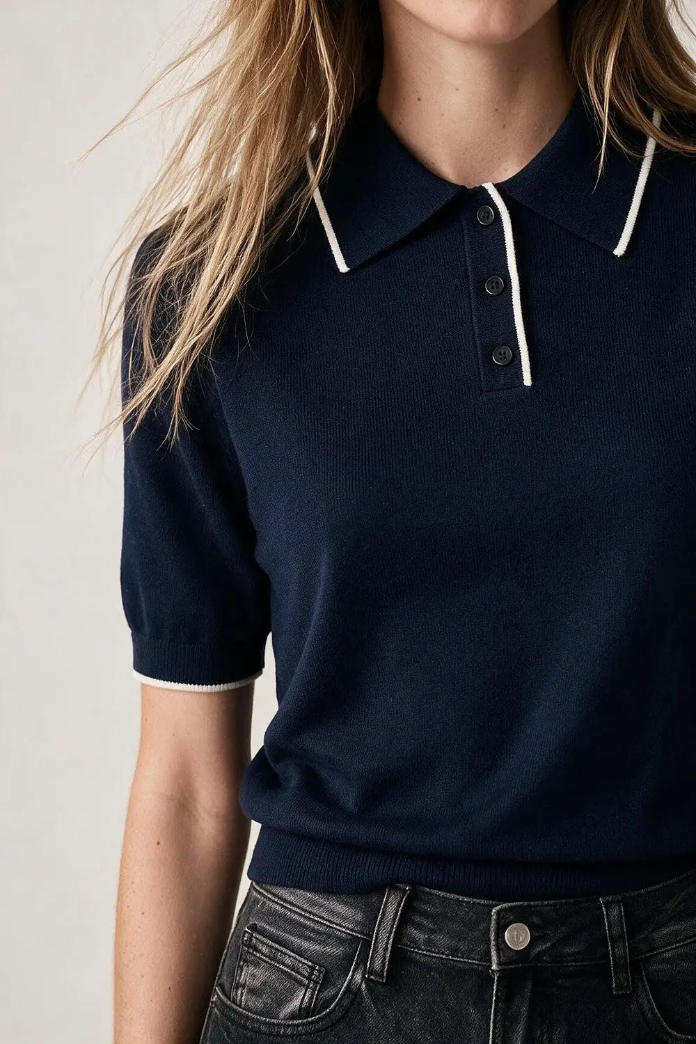 Navy Fine Knit Contrast Collar sweater with Polo neckline with Button
