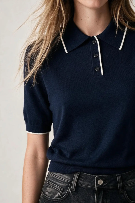 Navy Fine Knit Contrast Collar sweater with Polo neckline with Button