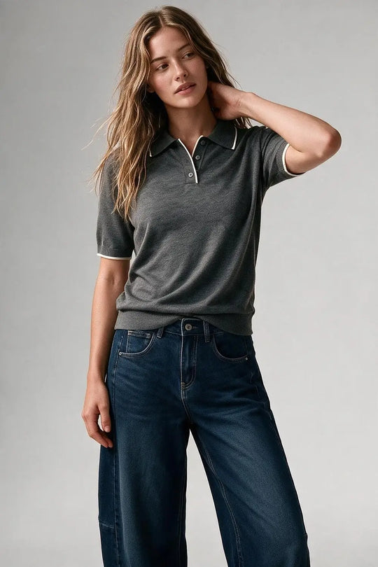 Grey Fine Knit Contrast Trim Short Sleeve sweater with Polo neckline