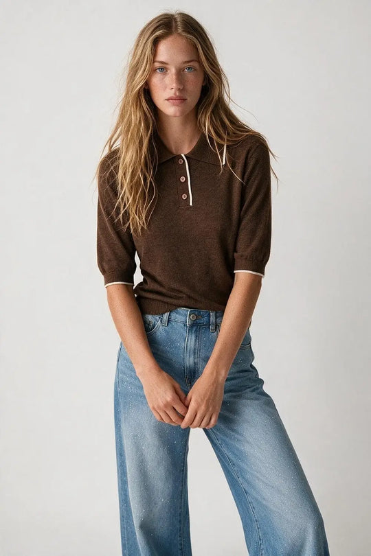 Brown Fine Knit Contrast Trim sweater with Polo Collar