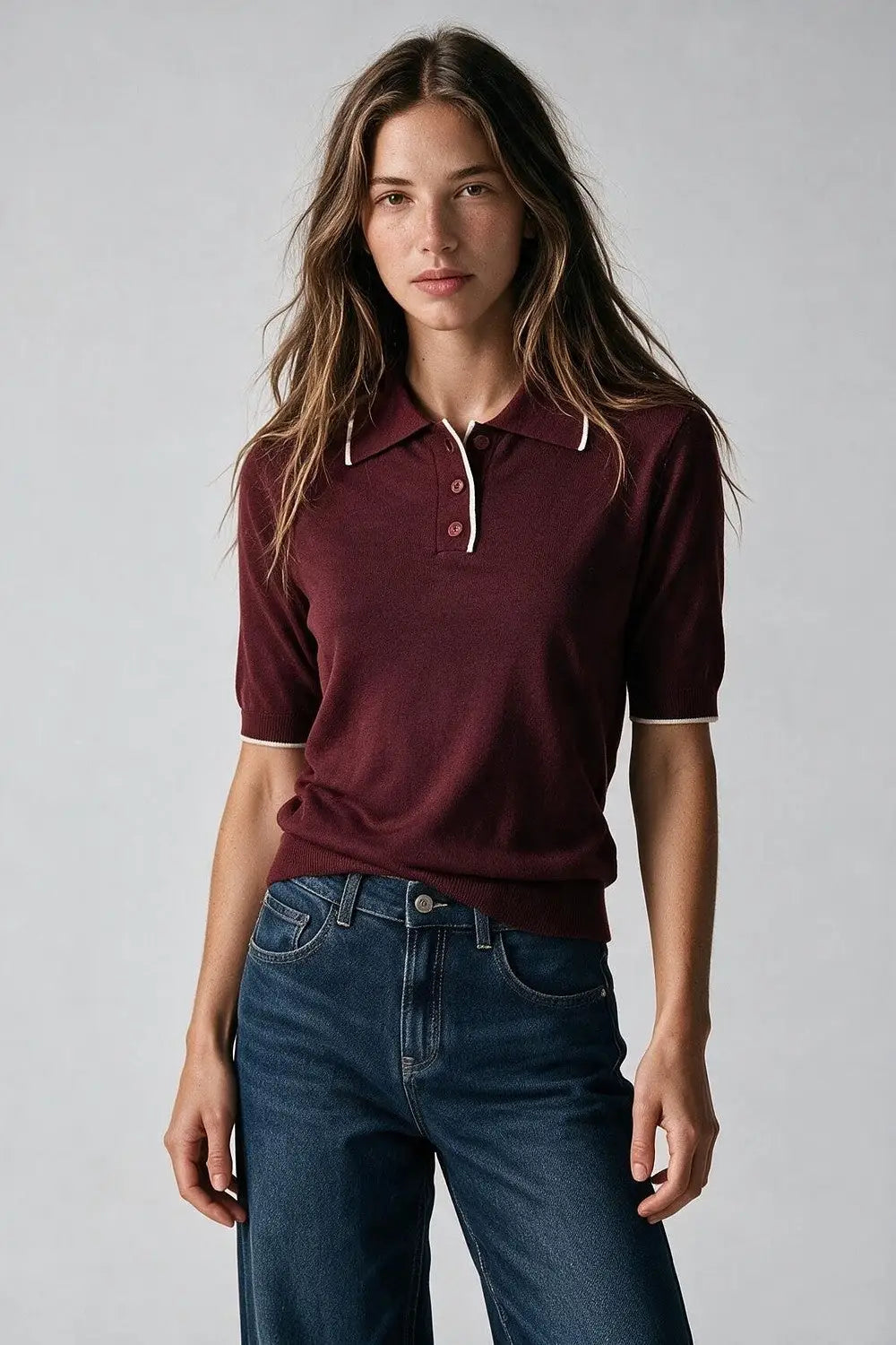 Burgundy Fine Knit Contrast Trim Short Sleeve Polo