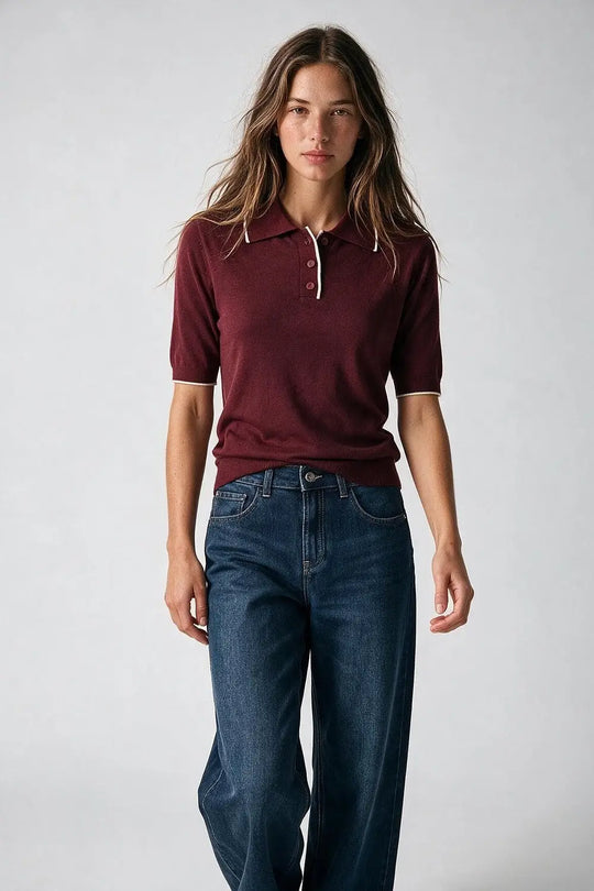 Burgundy Fine Knit Contrast Trim Short Sleeve Polo