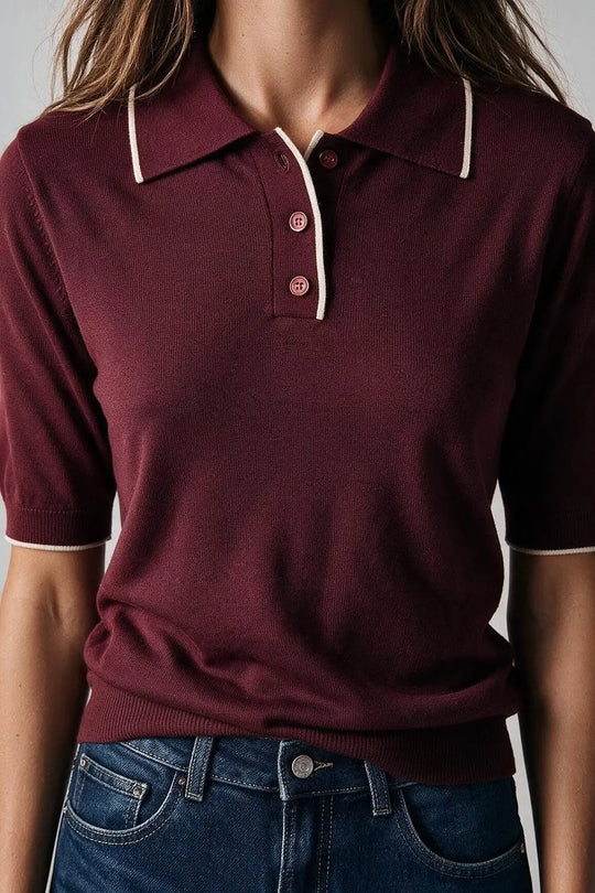 Burgundy Fine Knit Contrast Trim Short Sleeve Polo